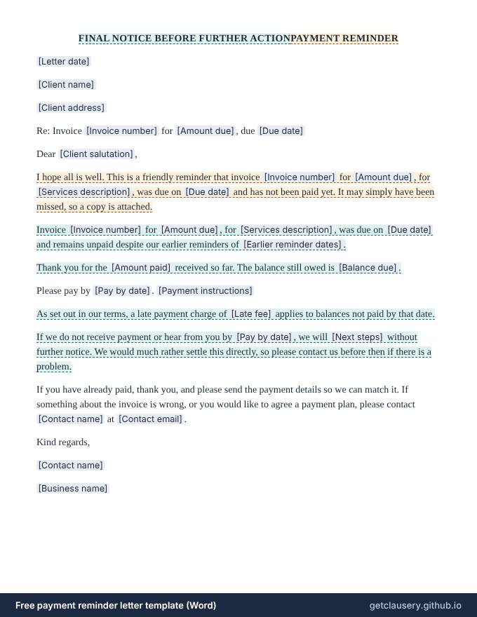 First page of the free payment reminder letter template for Word