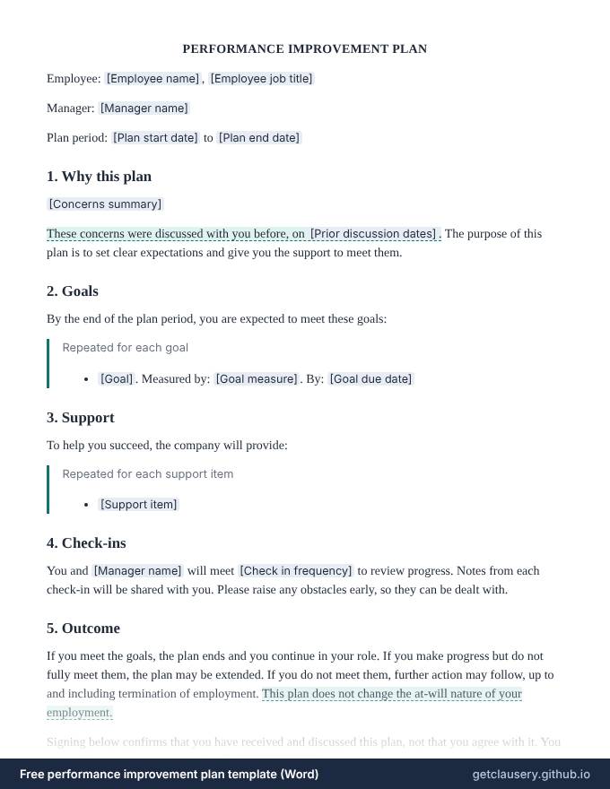 First page of the free performance improvement plan template for Word