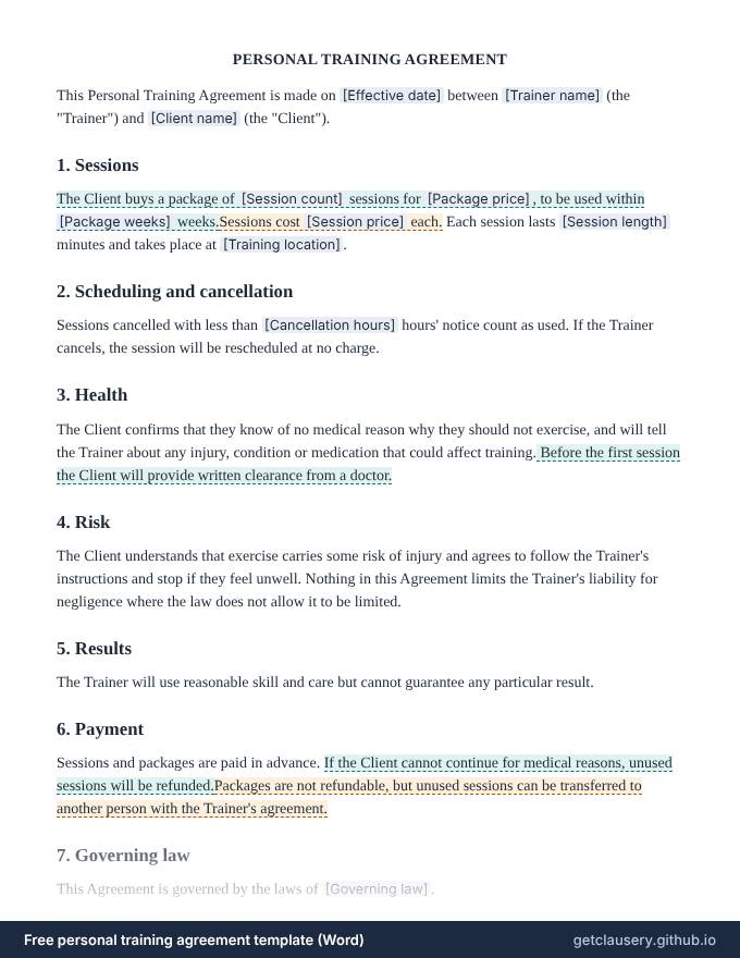 First page of the free personal training agreement template for Word