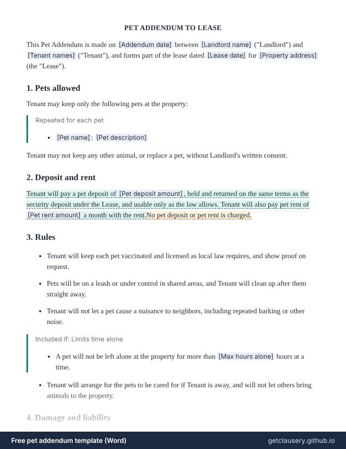 First page of the free pet addendum template for Word