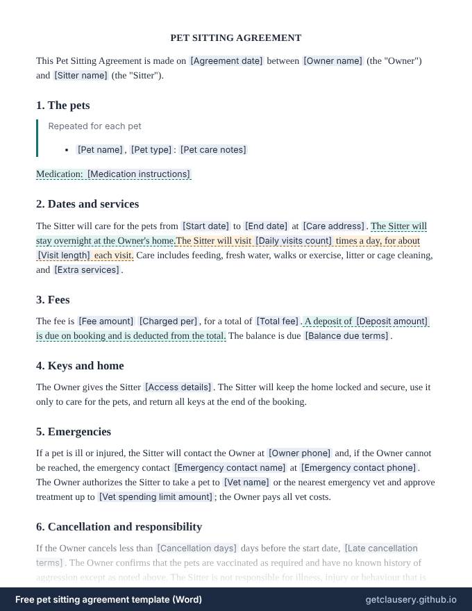 First page of the free pet sitting agreement template for Word