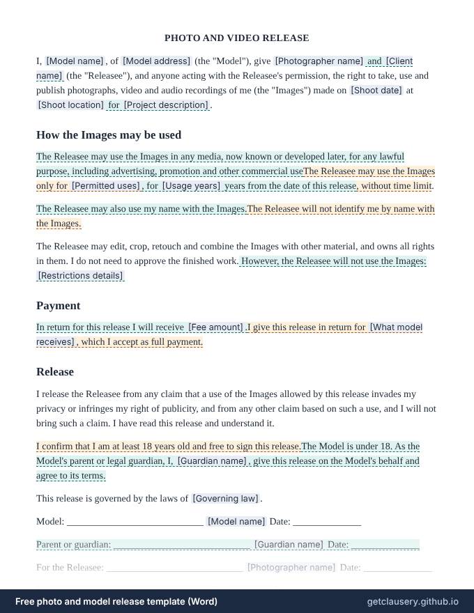 First page of the free photo and model release template for Word
