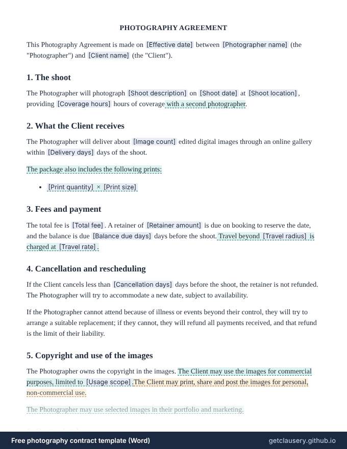 First page of the free photography contract template for Word