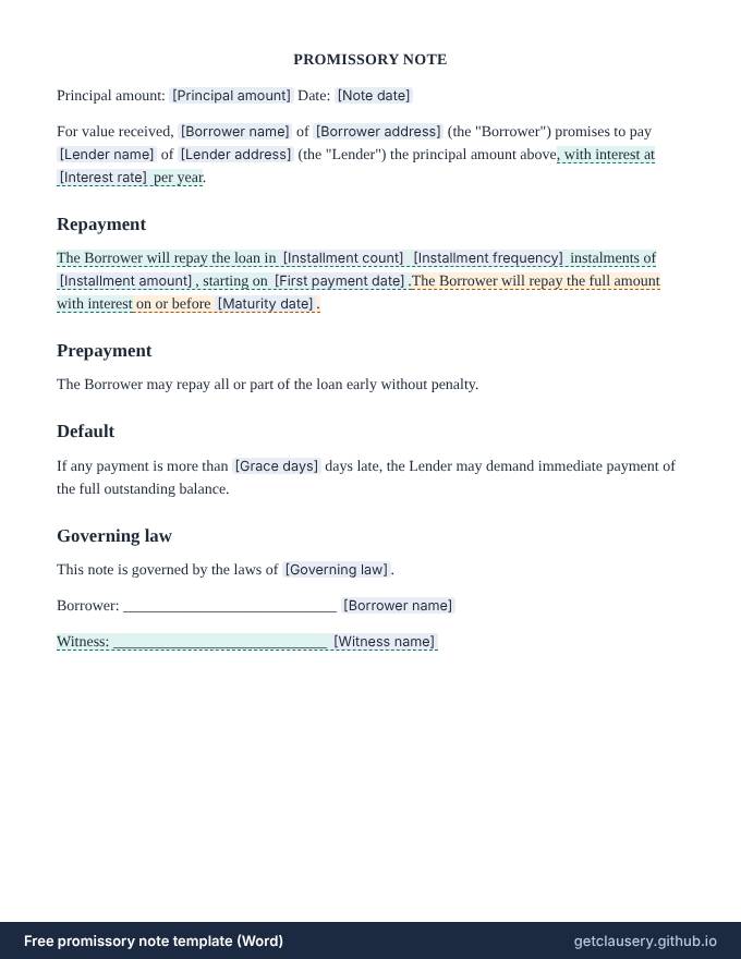 First page of the free promissory note template for Word