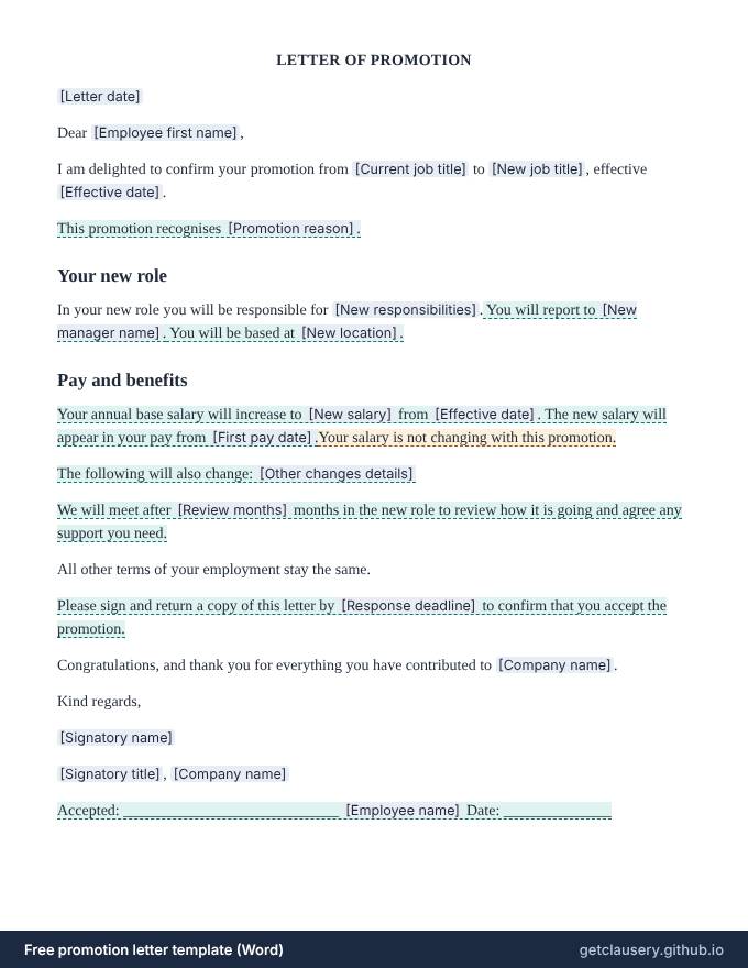 First page of the free promotion letter template for Word
