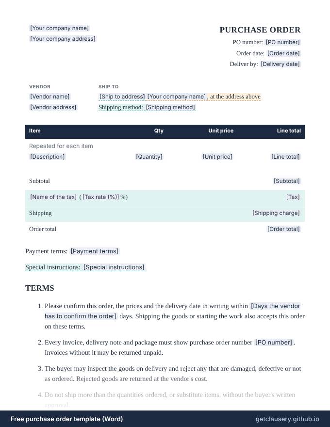 First page of the free purchase order template for Word