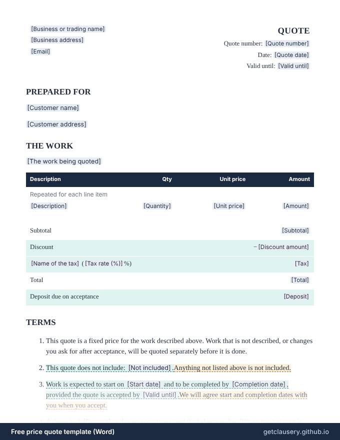 First page of the free price quote template for Word