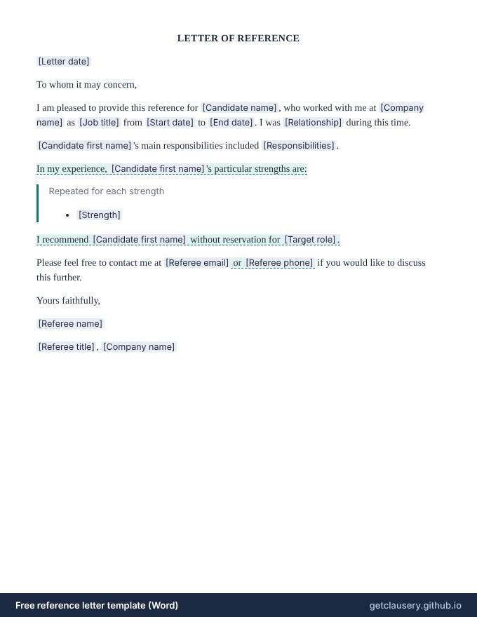 First page of the free reference letter template for Word