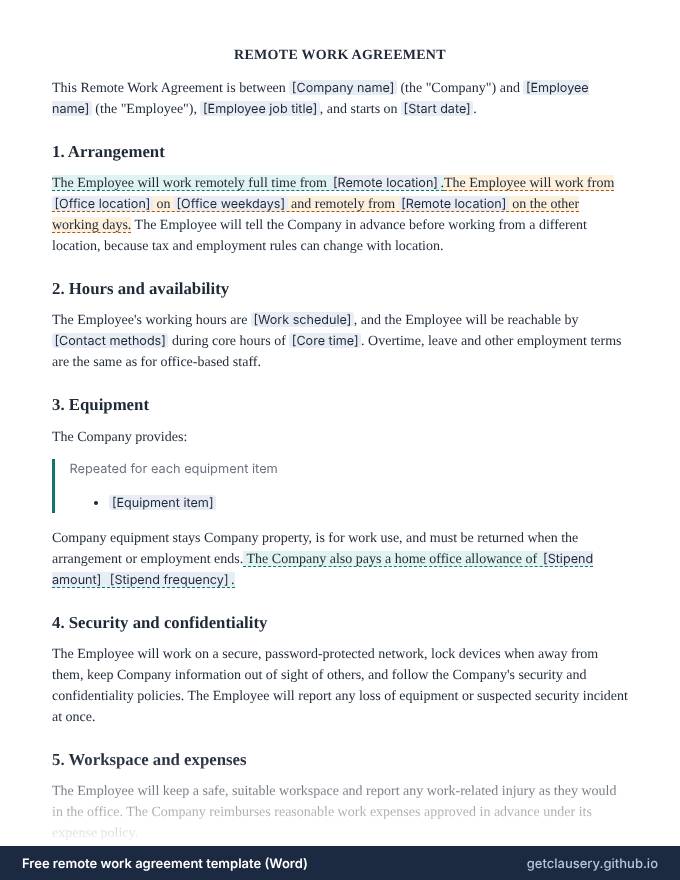 First page of the free remote work agreement template for Word