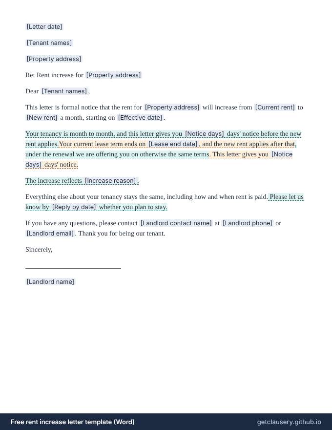 First page of the free rent increase letter template for Word