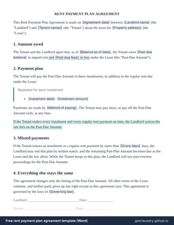 First page of the free rent payment plan agreement template for Word