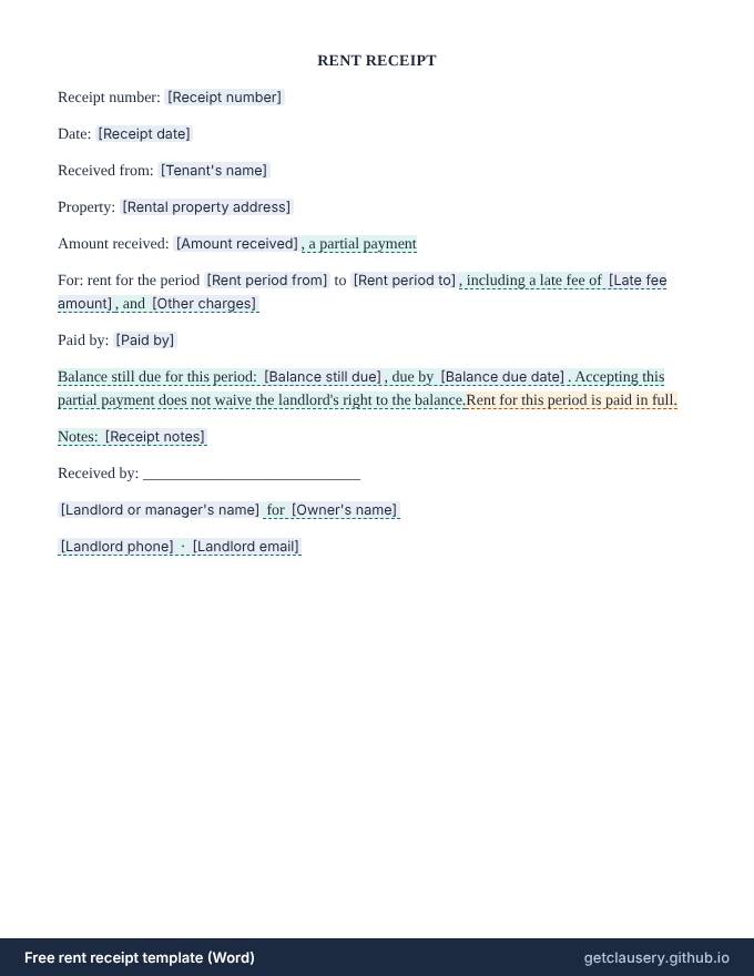 First page of the free rent receipt template for Word