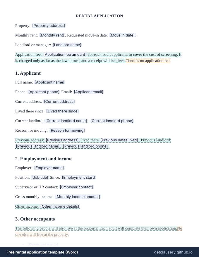 First page of the free rental application template for Word