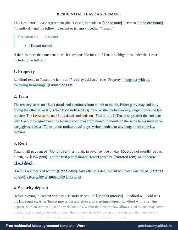 First page of the free residential lease agreement template for Word