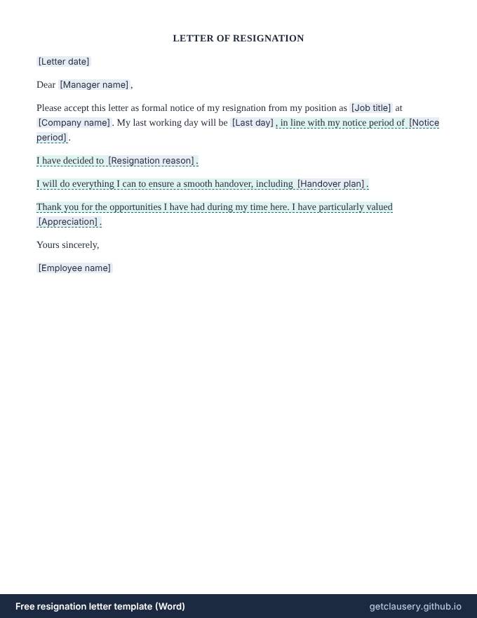 First page of the free resignation letter template for Word
