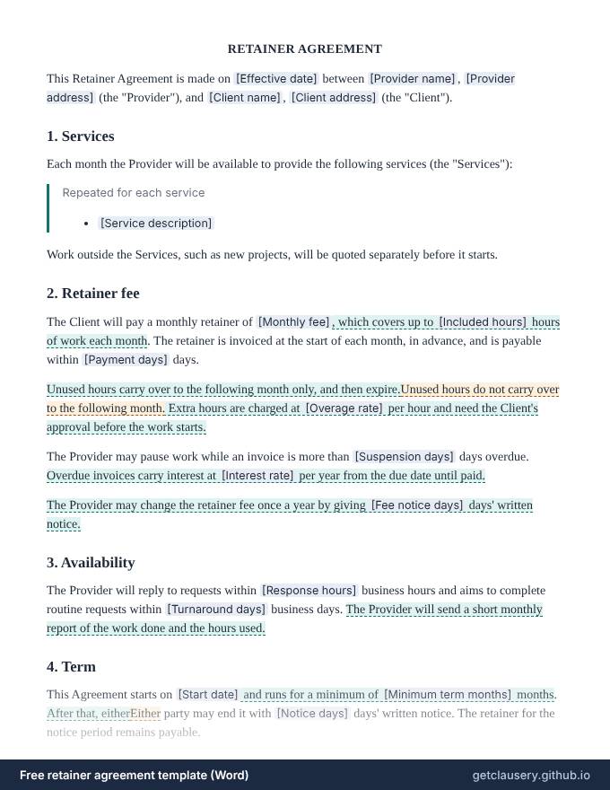 First page of the free retainer agreement template for Word