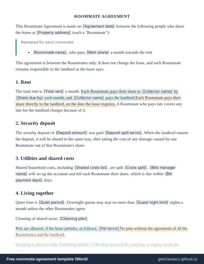 First page of the free roommate agreement template for Word