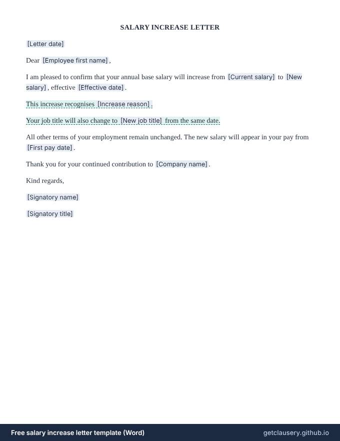 First page of the free salary increase letter template for Word