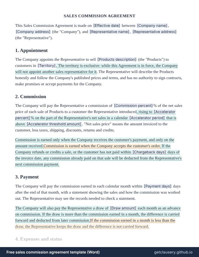 First page of the free sales commission agreement template for Word