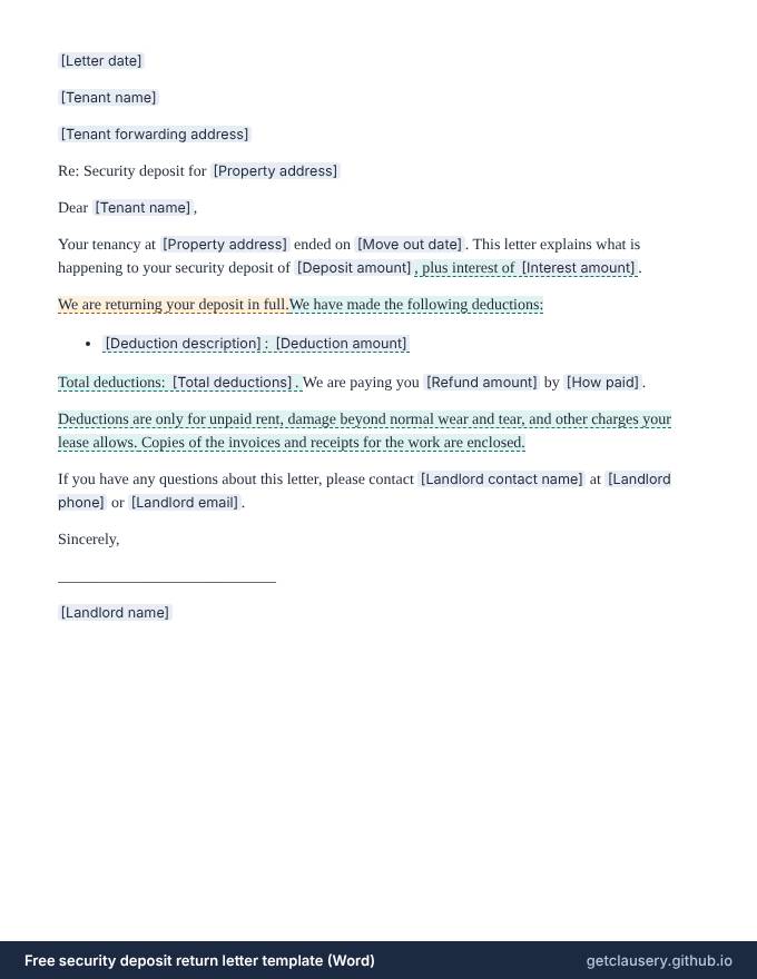 First page of the free security deposit return letter template for Word