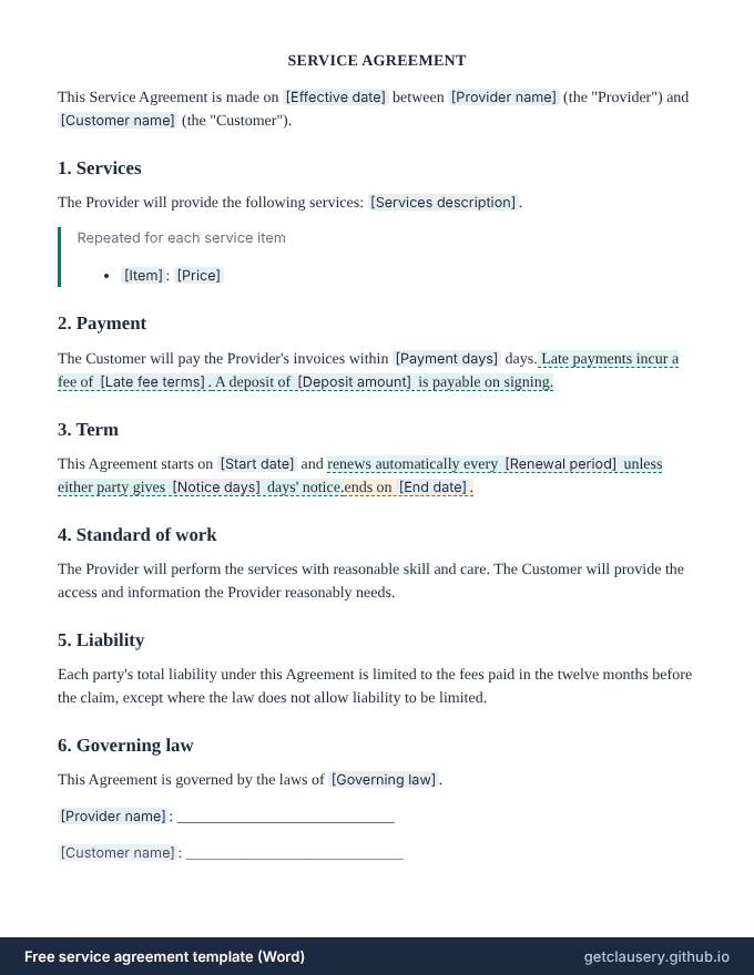 First page of the free service agreement template for Word