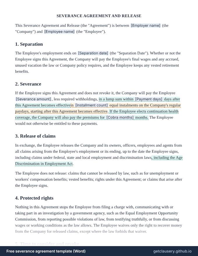 First page of the free severance agreement template for Word