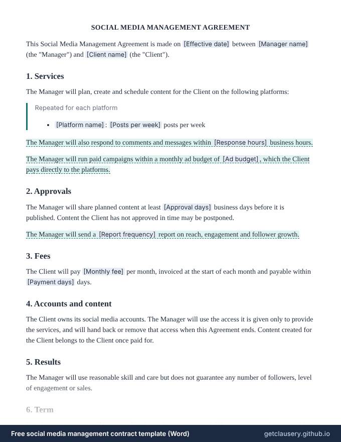 First page of the free social media management contract template for Word