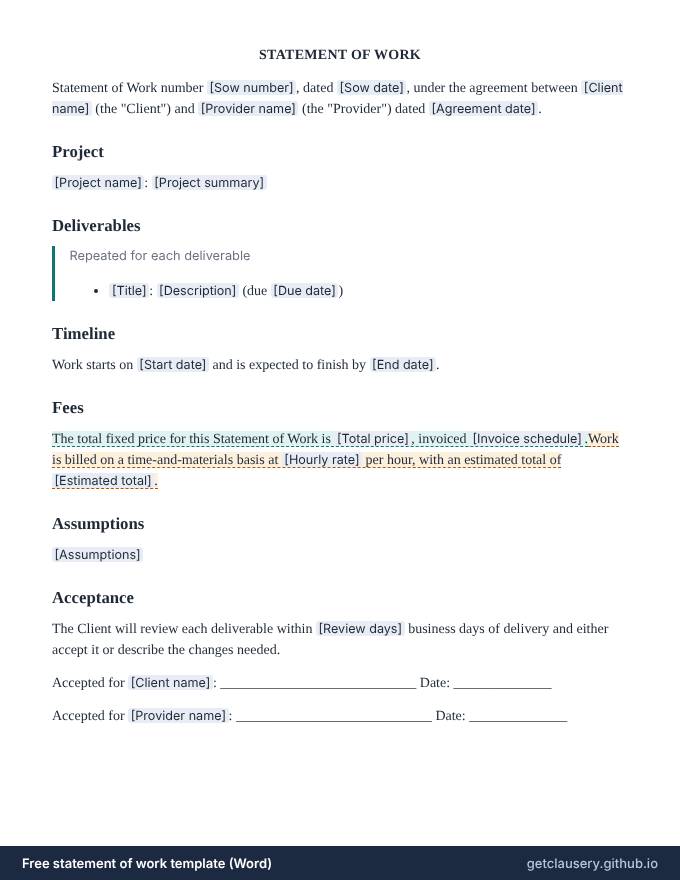 First page of the free statement of work template for Word