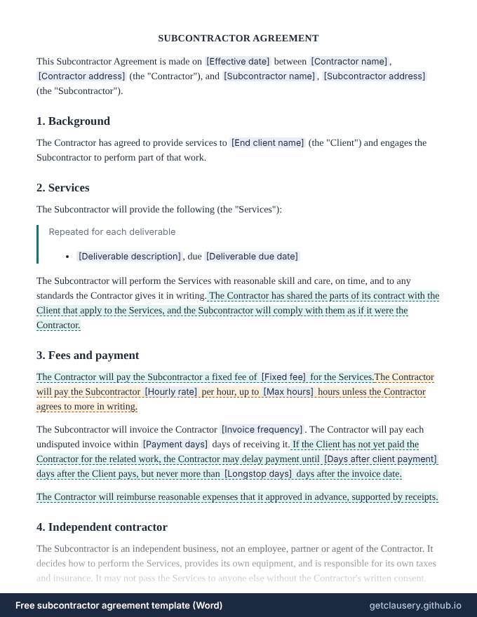 First page of the free subcontractor agreement template for Word