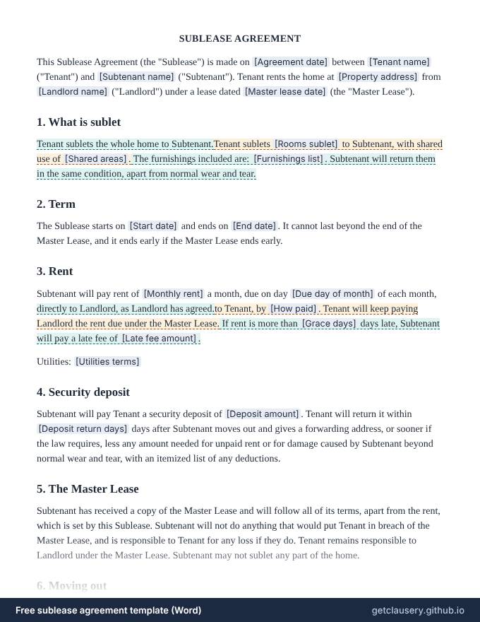 First page of the free sublease agreement template for Word