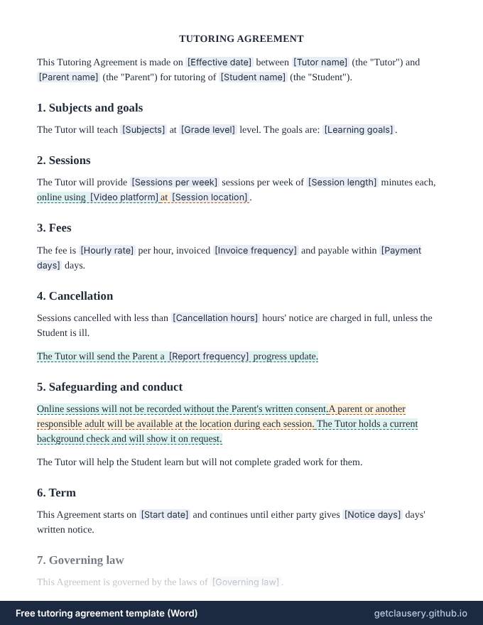 First page of the free tutoring agreement template for Word