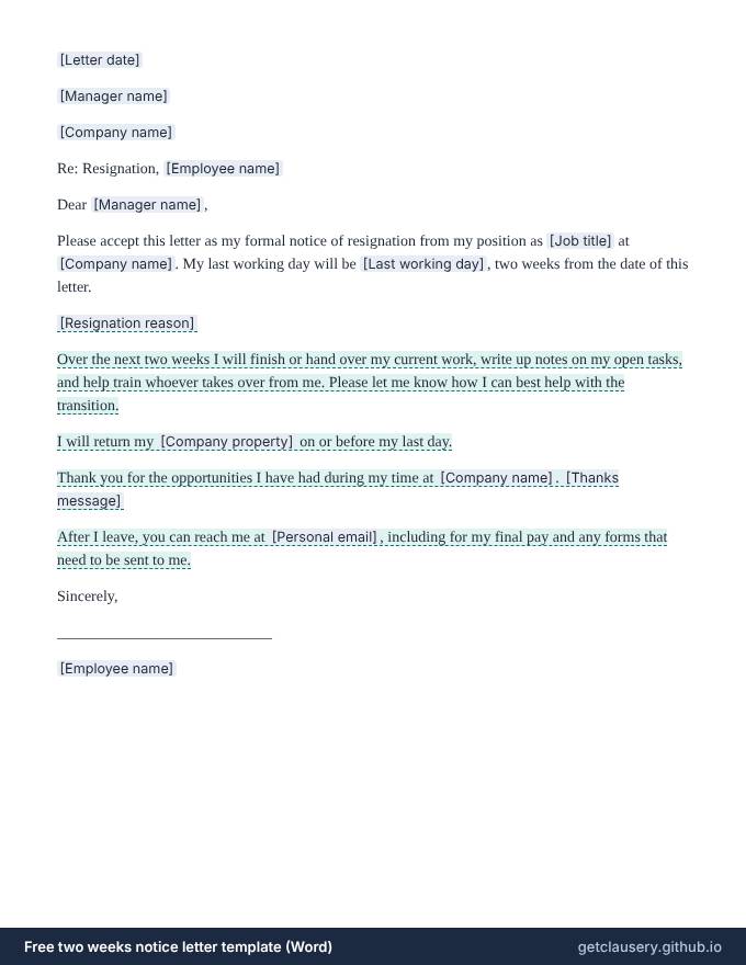 First page of the free two weeks notice letter template for Word