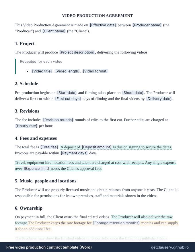 First page of the free video production contract template for Word