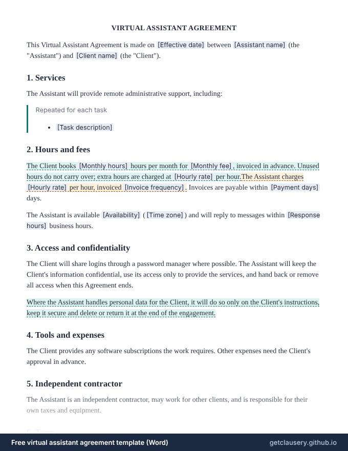 First page of the free virtual assistant agreement template for Word