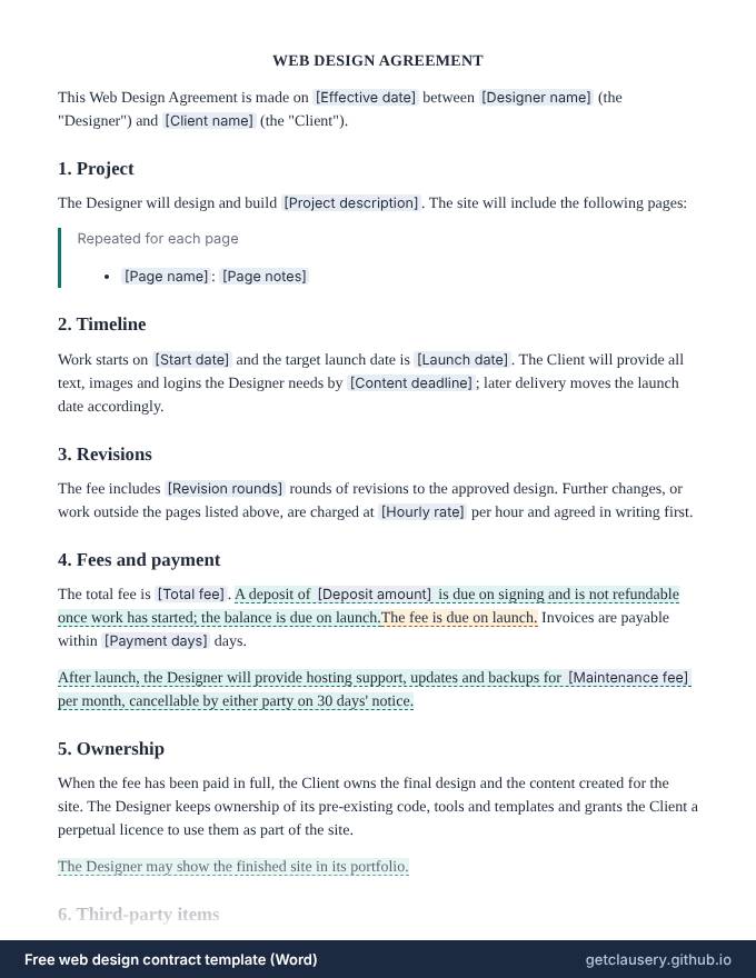 First page of the free web design contract template for Word