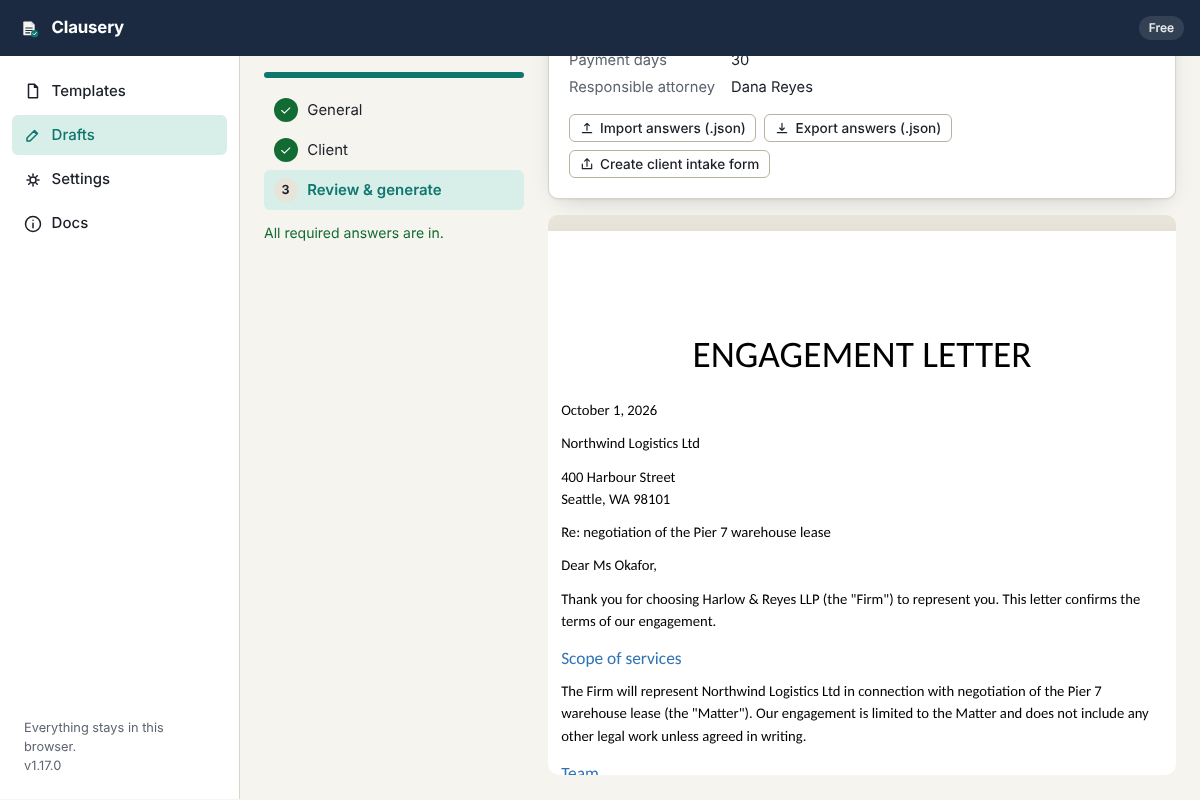 Clausery questionnaire for an engagement letter, with a section list on the left and the review step ready to download the Word document